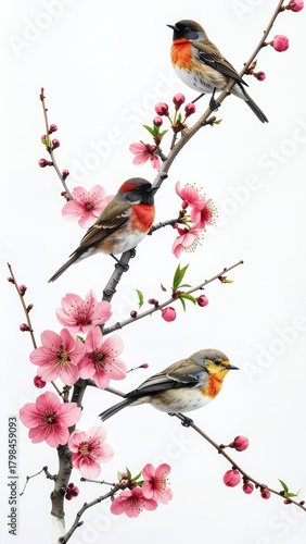 Three Robins Perched on Cherry Blossom Branches in Spring.