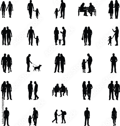 Family and couple silhouettes walking, talking, and interacting outdoors, perfect for lifestyle illustrations, relationship concepts, parenting themes, and community designs