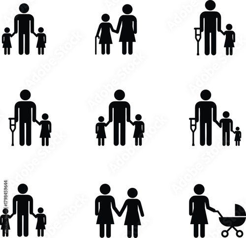 Family and parenting icons set, caring parents with children, disability support, motherhood, fatherhood, childcare, community care illustration design