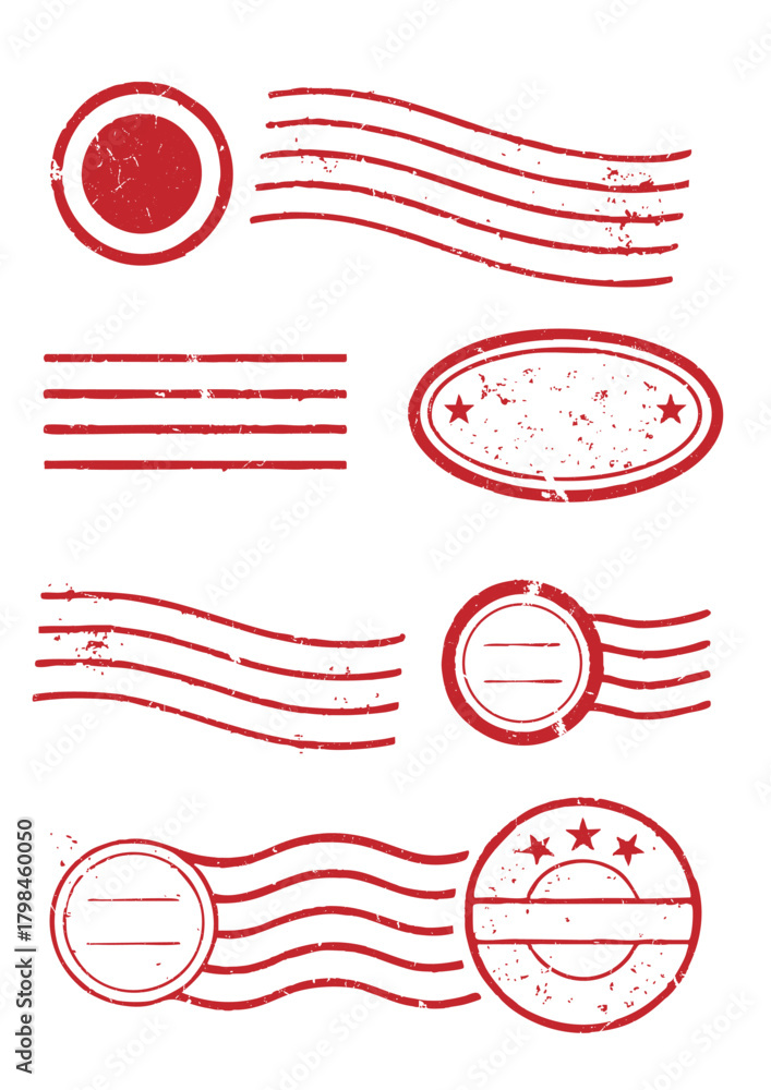 Obraz premium Blank vintage postage stamp postmark set — red grunge mail labels and postal marks