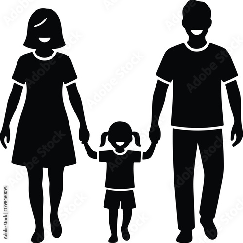 Family silhouette trio, parental figures with child, black and white art, togetherness concept, unity in parenting, generational bond, caring presence, stylized group