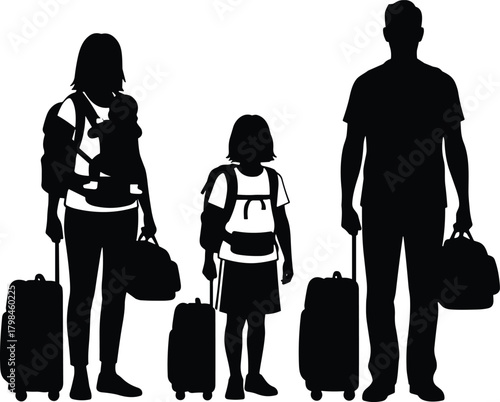 Family travel, airport silhouette, luggage, vacation trip, black and white art, travel gear, journey, parent child, tourism, walking scene, backpacks