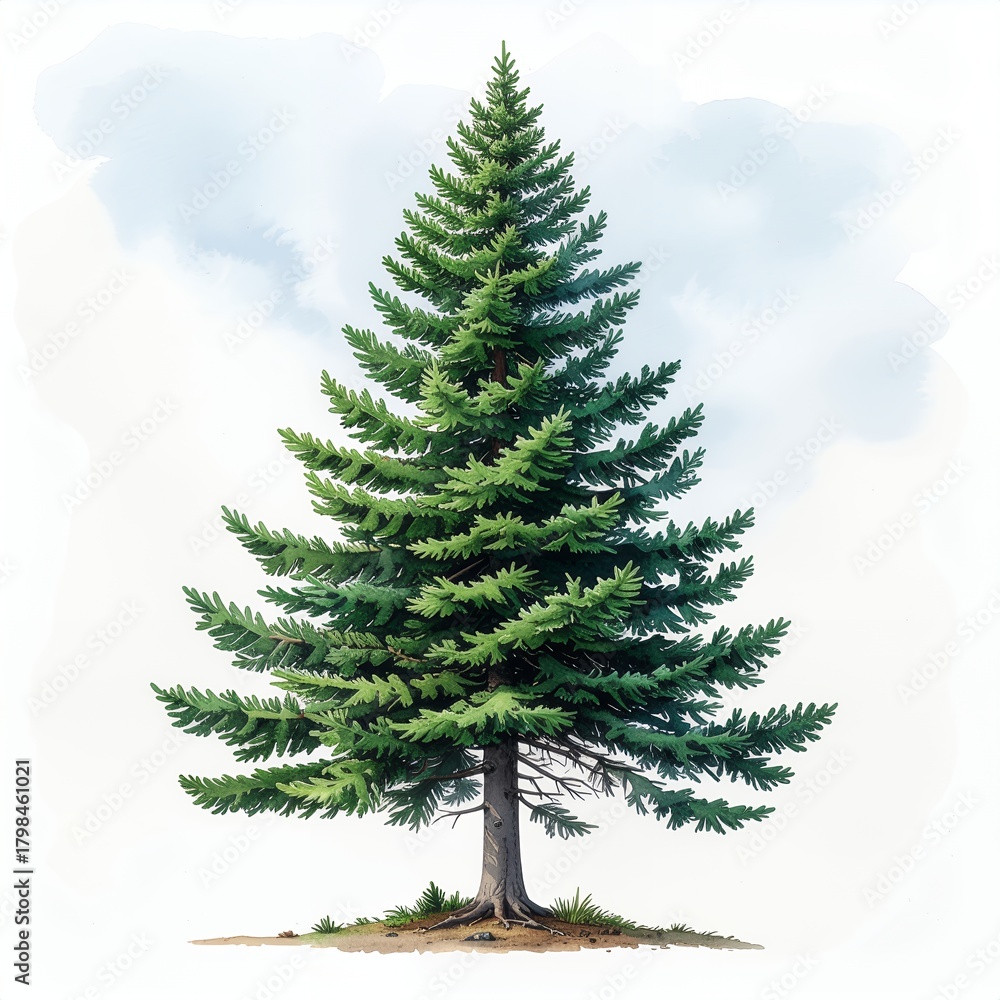 Fototapeta premium Vibrant Green Fir Tree Illustration on White Background.