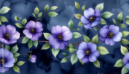 Vibrant purple flowers with lush green leaves on a dark blue watercolor background, creating a serene and artistic floral pattern.