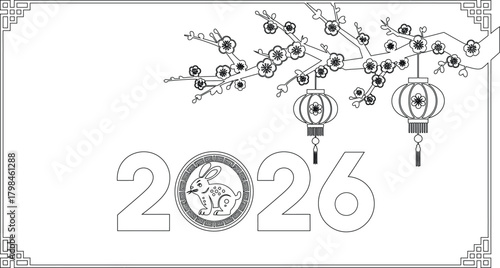 Outlined Year of the Rabbit 2026 Lunar New Year Design with Lanterns and Blossoms