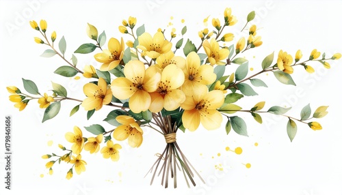 Vibrant watercolor bouquet of yellow flowers with green leaves, tied together, on a white background, artistic and delicate.
