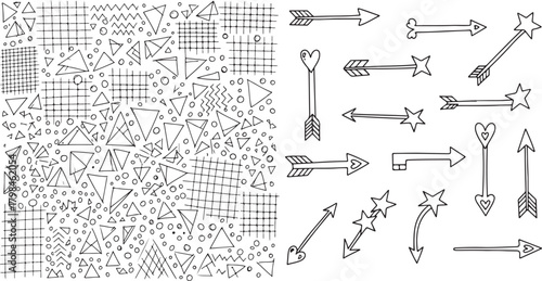 Hand-Drawn Vector Set: Geometric Shapes, Grid Patterns, and Decorative Arrows