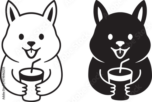 Cute cartoon rodent animal mascot holding a beverage cup with a straw in black and white styles isolated on white background