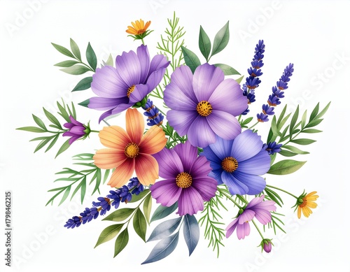 Vibrant Watercolor Floral Bouquet with Purple and Orange Blooms.