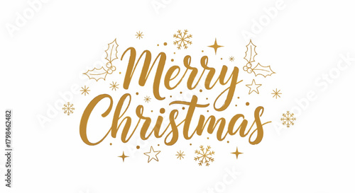 Elegant gold brush calligraphy spelling “Merry Christmas” with festive decorative elements.