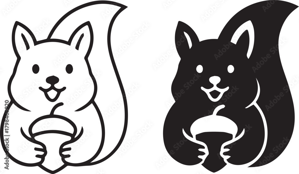 Fototapeta premium Black and White Squirrel Holding Acorn Cartoon Vector Illustration isolated PNG with Transparent Background