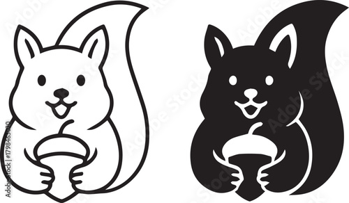 Cute squirrel logo design holding an acorn in black and white isolated vector illustration.