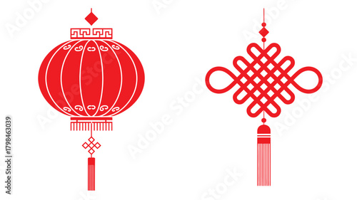 Red Chinese Lantern and Mystic Knot Illustration on White Background for Celebrations and Decor