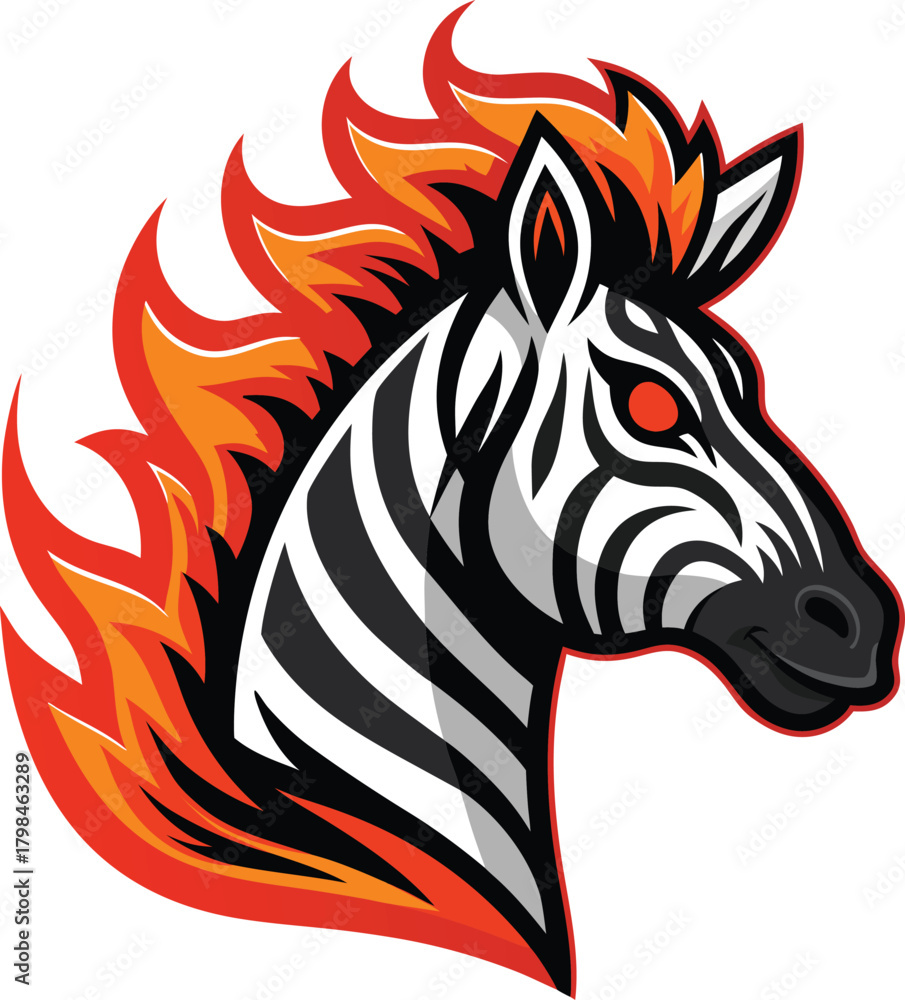 Obraz premium Vibrant flaming zebra head illustration symbolizing speed and spirited determination for branding