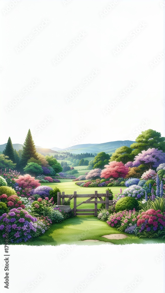 Fototapeta premium Vibrant watercolor painting of a serene garden landscape with a wooden gate leading to a lush green valley and colorful blooming flowers under a bright sky.