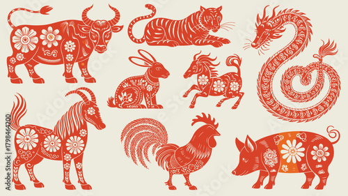 Red Chinese Zodiac Animals Ox, Tiger, Rabbit, Dragon, Snake, Horse, Goat, Rooster, Pig