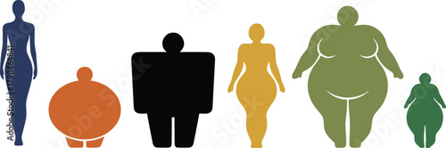 Diverse human body shapes illustration, male and female silhouettes, body diversity concept, fitness health graphic, obesity awareness, weight comparison, colorful vector
