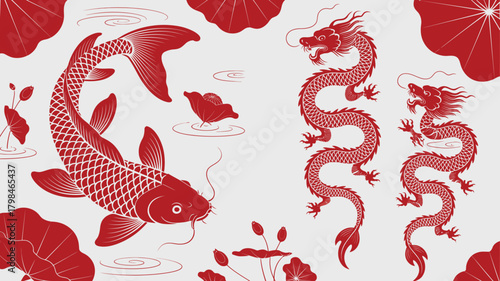 Red Koi Fish, Lotus Flowers, and Dragons Illustration with Asian Aesthetic on Gray Background