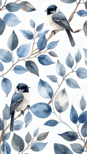 Watercolor Birds and Blue Leaves Pattern.