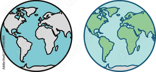 Earth icons, globe comparison, black and white art, map design, Atlantic focus, educational graphic, geography, continents, ocean view, stylized planet, global concept