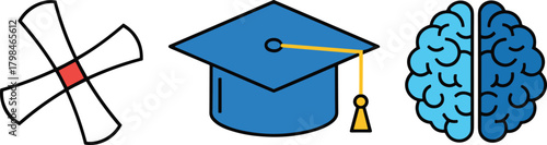 Education icon set, diploma cap and brain, academic achievement symbols, black and white illustration, learning concept, graduation success, intellectual growth