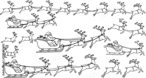 Seamless Christmas pattern with Santa Claus flying in his sleigh pulled by many reindeer, and individual reindeer. Hand-drawn line art for coloring pages or festive design.