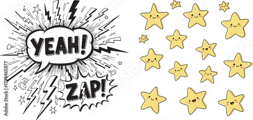Vector Cartoon Illustration with Comic Exclamations and Cute Yellow Stars
