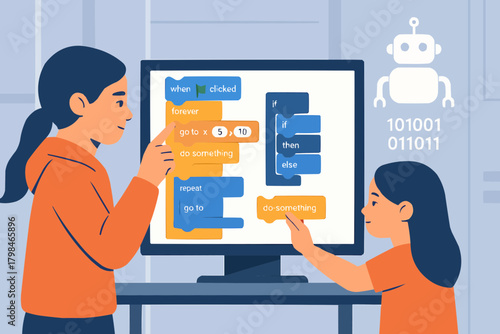 Big Sister Introducing Coding to Younger Sibling Flat Vector