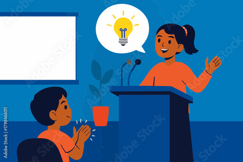 Big Sister Practicing Public Speaking with Sibling Flat Vector