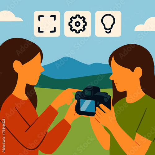 Big Sister Teaching Photography Basics Flat Vector