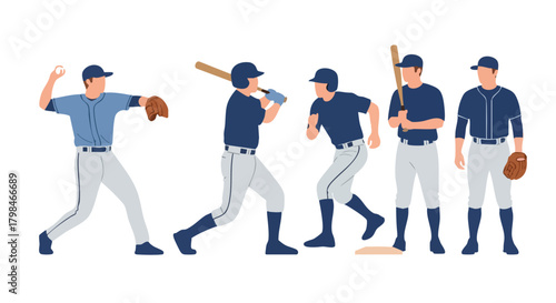 Baseball Players Vector Flat Design – Athletic Sports Action Illustration Set