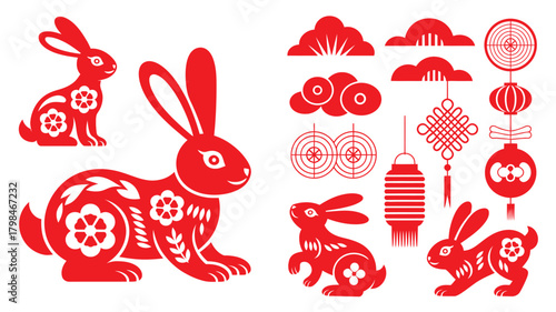 Red Paper Cutout Illustrations Featuring Rabbits, Clouds, Lanterns, Knots, and Chinese New Year Elements