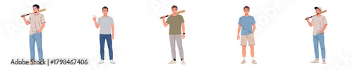 Casual Baseball Characters Vector Flat Design – Young Men Lifestyle Illustration Set