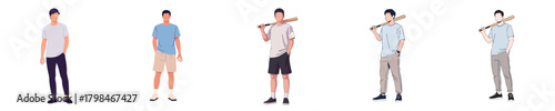 Casual Baseball Characters Vector Flat Design – Young Men Sport Lifestyle Illustration Set