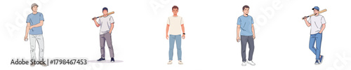 Casual Baseball Characters Vector Flat Design – Young Men Sport Lifestyle Illustration Set