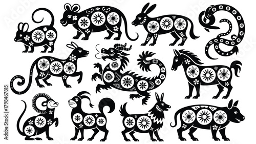Ornate Black and White Chinese Zodiac Animal Silhouettes Featuring Floral Patterns Against a White Background