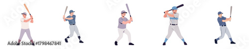 Minimalist Flat Illustration Baseball Batter Preparation and Focus Stances Vector Set