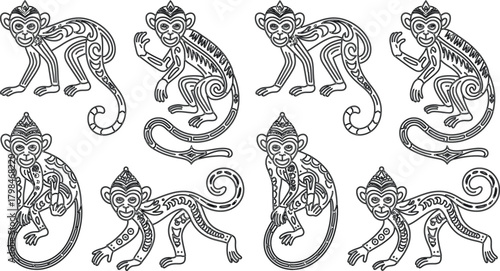 Ornate Monkey Outlines in Black and White Seamless Pattern, Coloring Page Style