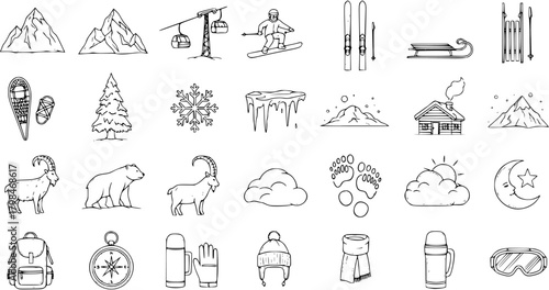 Hand-drawn doodle set of winter and mountain activities, nature elements, animals, and outdoor travel gear icons. A collection of sketch illustrations for seasonal adventures.