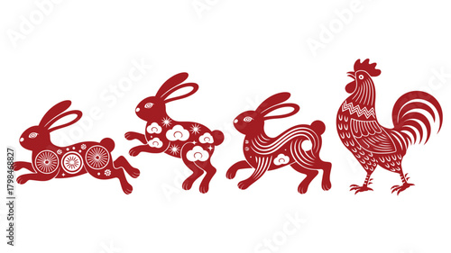 Ornate Red Rabbits and Rooster Chinese Zodiac Animals Graphics Illustration Isolated