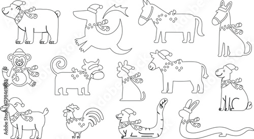 Outlined Cartoon Animals Wearing Santa Hats and Scarves Illustration for Coloring Book Page