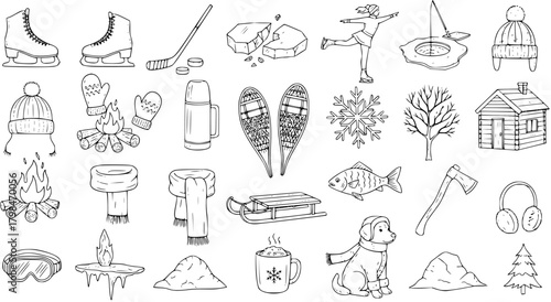 Hand-Drawn Winter Season Doodle Elements Set with Ice Skates, Snowflakes, Cabin, and Cozy Outdoor Items