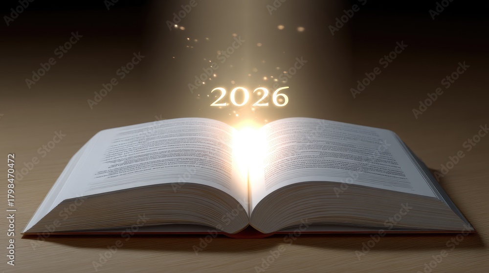 Obraz premium Open Book with Bright Light Emitting Year 2026, Symbolizing Knowledge, Hope, and Future Opportunities in Life and Education Settings