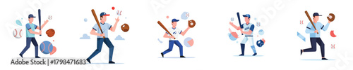 Vector Flat Baseball Player Action Poses Different Set Illustration