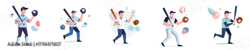 Vector Flat Baseball Player Action Poses Set Illustration