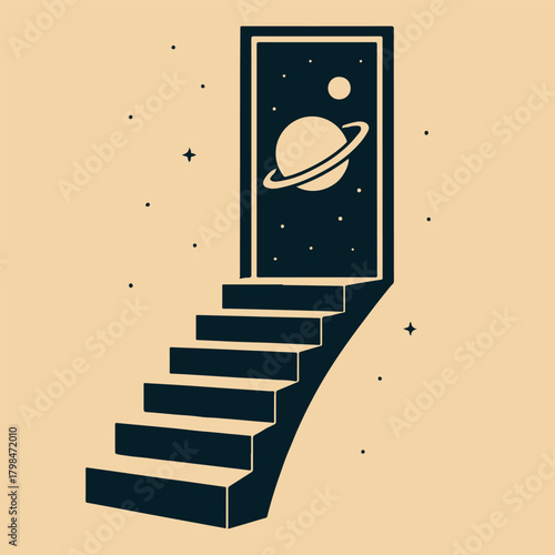 Stairs Leading to Doorway Opening to Outer Space with Planet Saturn and Stars Vector Illustration Concept of Liminal Space Journey Discovery and New Dimensions