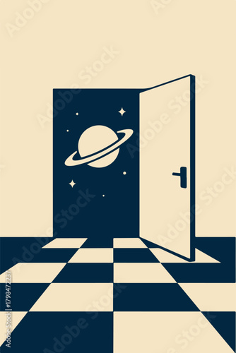 Open Door to Outer Space with Planet Saturn and Stars on Checkered Floor Vector Illustration Concept of Liminal Space Portal Imagination Discovery and New Dimensions