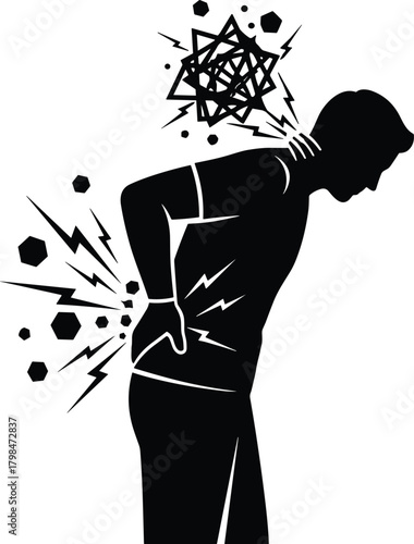 Back and neck pain illustration, person in discomfort pose, black and white art, musculoskeletal strain, health symptom graphic, stylized pain concept