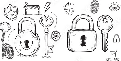 Hand-drawn Security Doodle Icons Set with Padlocks, Keys and Protection Elements