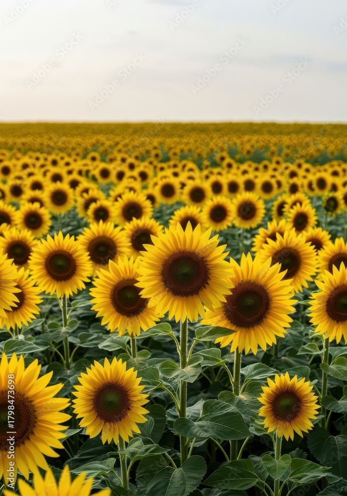 Obraz premium A stunning, vibrant backdrop created by a vast field of blooming sunflowers under bright daylight, perfect for seasonal agricultural themes, beauty, agriculture, bright
